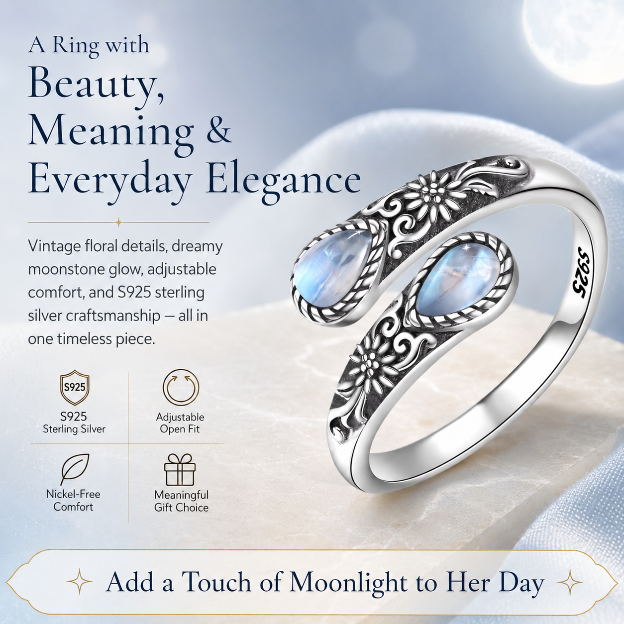 🔥 BUT 2 GET 10% 🔥 Moonstone Bloom Ring | Vintage Style • Adjustable Fit • Timeless Elegance