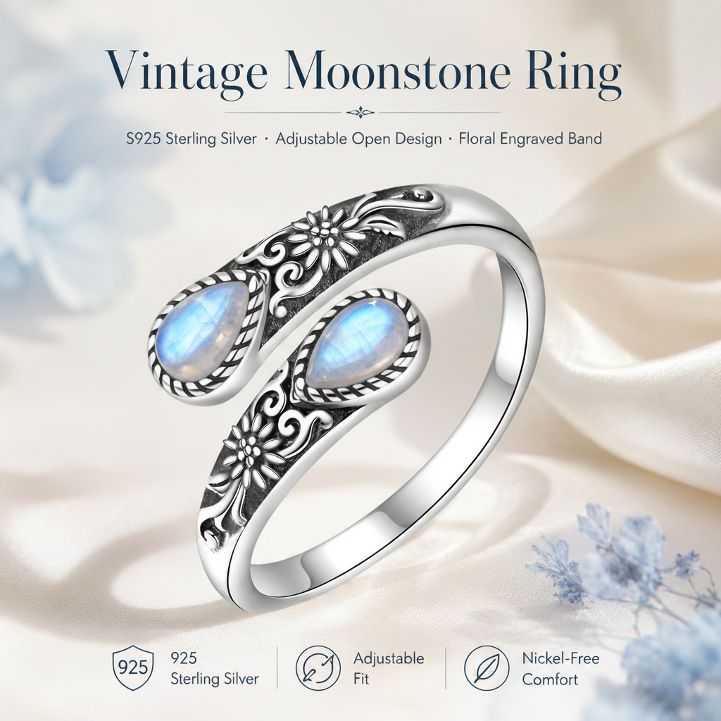 🔥 BUT 2 GET 10% 🔥 Moonstone Bloom Ring | Vintage Style • Adjustable Fit • Timeless Elegance
