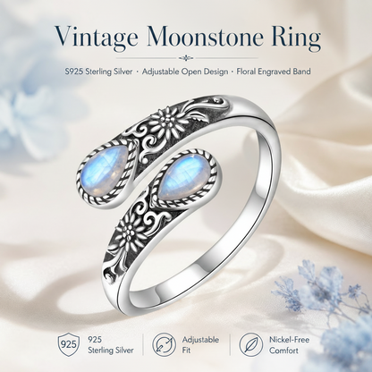🔥 BUT 2 GET 10% 🔥 Moonstone Bloom Ring | Vintage Style • Adjustable Fit • Timeless Elegance