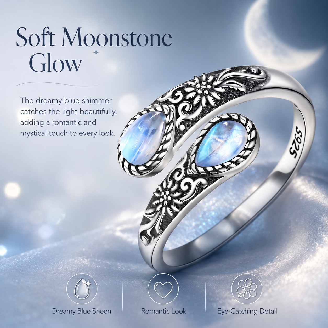 🔥 BUT 2 GET 10% 🔥 Moonstone Bloom Ring | Vintage Style • Adjustable Fit • Timeless Elegance