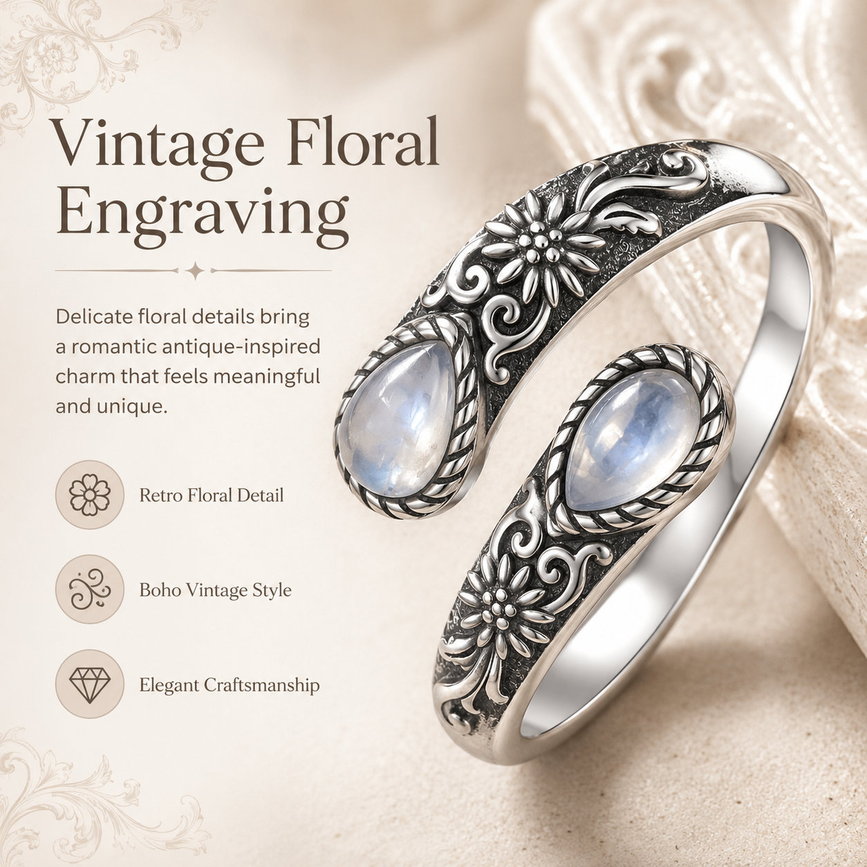 🔥 BUT 2 GET 10% 🔥 Moonstone Bloom Ring | Vintage Style • Adjustable Fit • Timeless Elegance