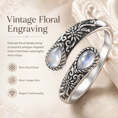 🔥 BUT 2 GET 10% 🔥 Moonstone Bloom Ring | Vintage Style • Adjustable Fit • Timeless Elegance