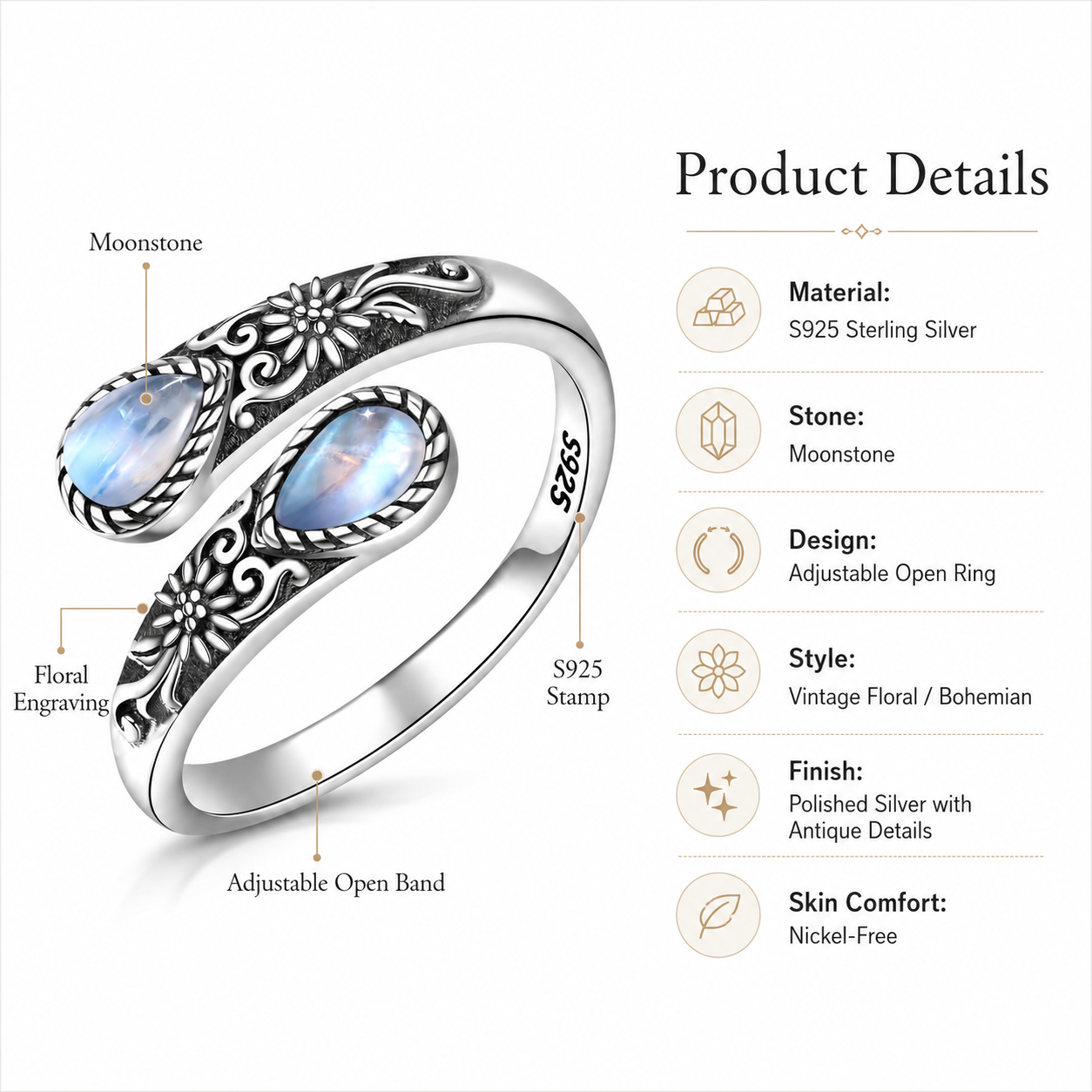 🔥 BUT 2 GET 10% 🔥 Moonstone Bloom Ring | Vintage Style • Adjustable Fit • Timeless Elegance