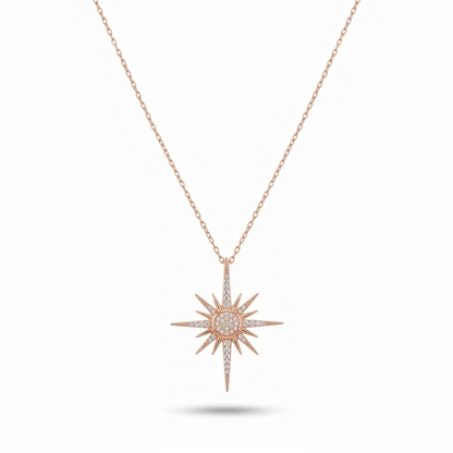 Handmade North Star Pave Necklace 925 Sterling Silver Celestial Compass Pendant