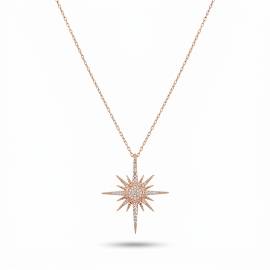 Handmade North Star Pave Necklace 925 Sterling Silver Celestial Compass Pendant