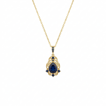 Dainty Pear Cut Blue Stone Pendant, Elegant Victorian Style Gold Necklace