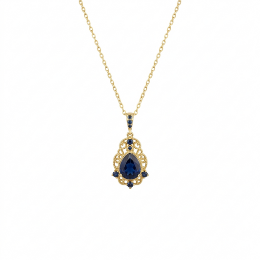 Dainty Pear Cut Blue Stone Pendant, Elegant Victorian Style Gold Necklace