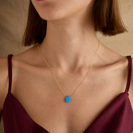 Handmade Turquoise Opal Hamsa Necklace 925 Sterling Silver Chain