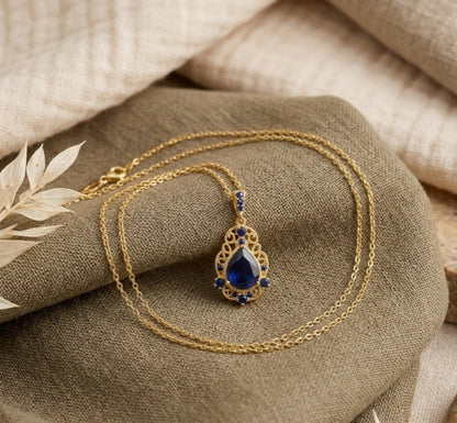 Dainty Pear Cut Blue Stone Pendant, Elegant Victorian Style Gold Necklace