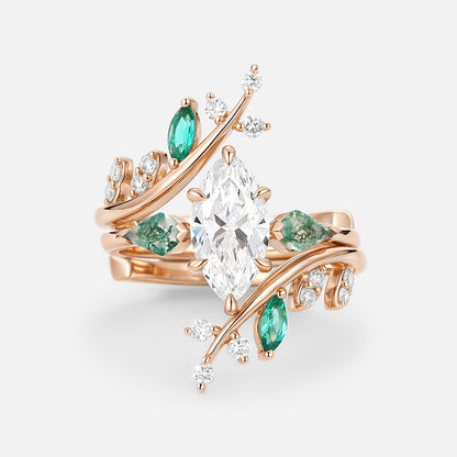 Unique Marquise Cut Lab Diamond Cage Leafy Engagement Ring Sets 2pcs - Knight